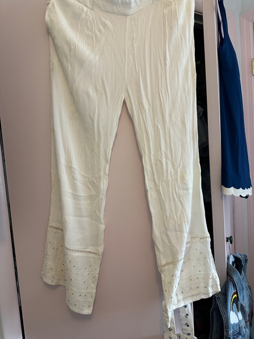 Cream Embroidered Bell-Bottom Casual Pants by